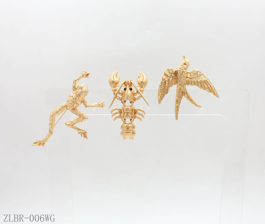 Matte Gold Embossed Frog Lobster Swallow 3‑Piece Nature‑Inspired Animal Brooch Set | Factory Direct Wholesale