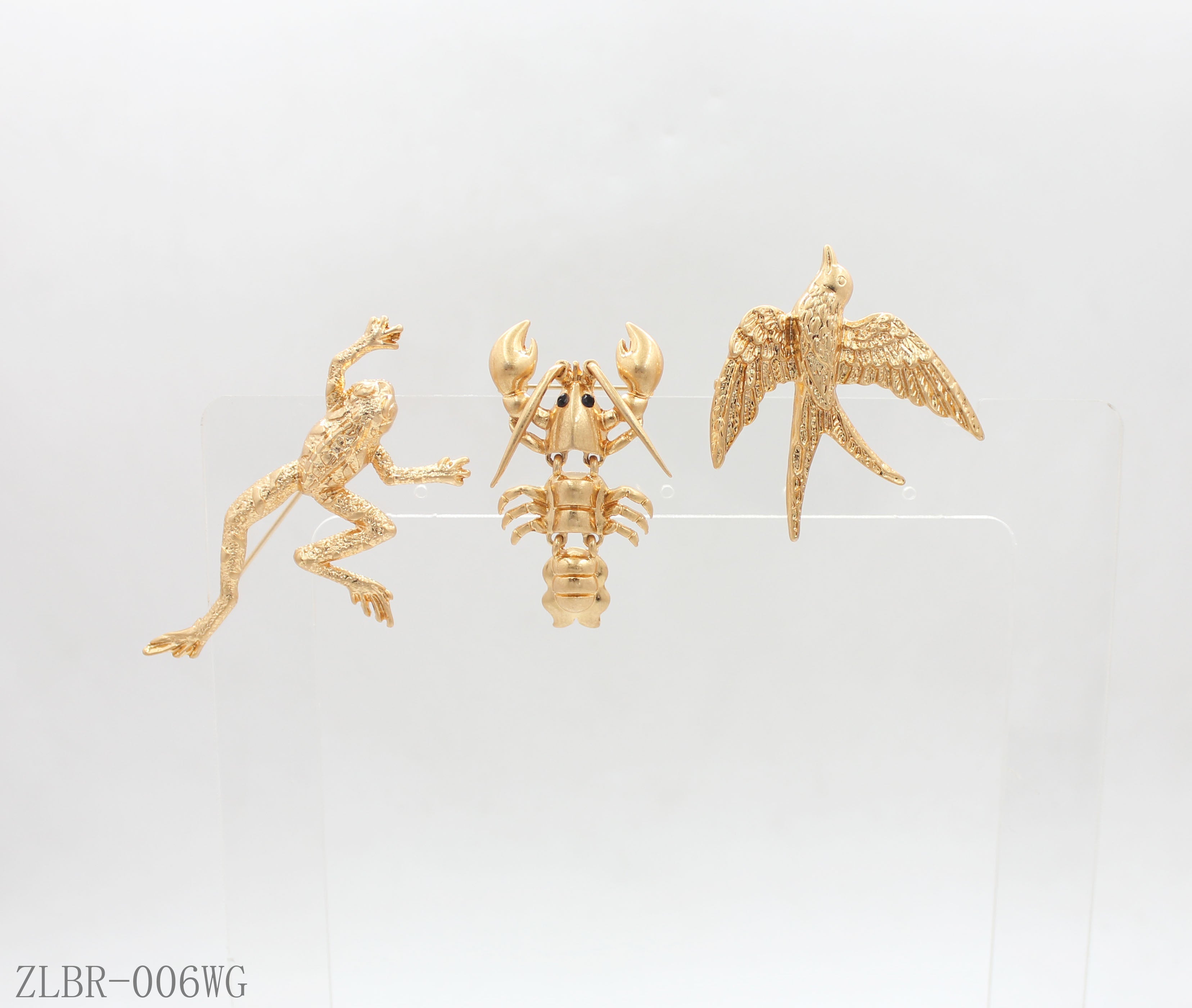 Matte Gold Embossed Frog Lobster Swallow 3‑Piece Nature‑Inspired Animal Brooch Set | Factory Direct Wholesale