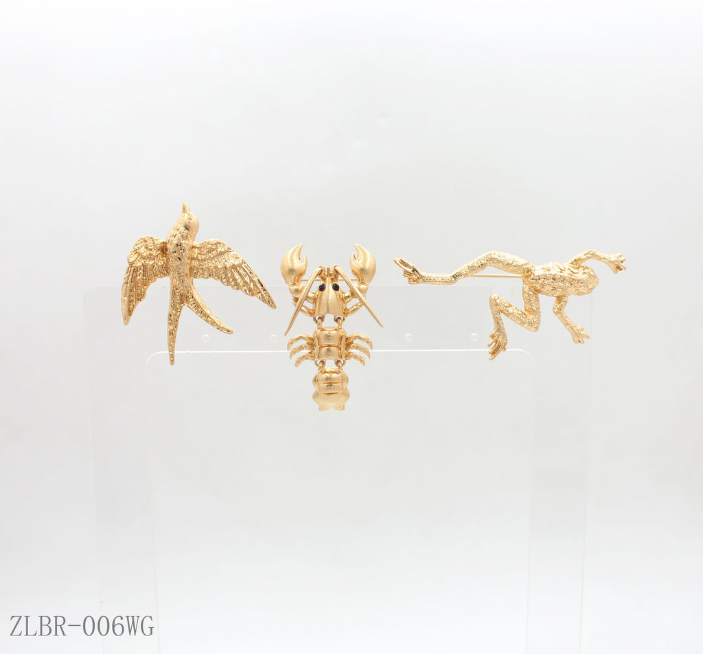 Matte Gold Embossed Frog Lobster Swallow 3‑Piece Nature‑Inspired Animal Brooch Set | Factory Direct Wholesale