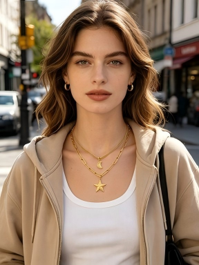 Pre‑Stacked Dual‑Layer Wheat‑Snake & Paperclip Chain Sun‑Ray Star & Crescent Moon Pendant Stainless Steel Necklace | Factory Direct Wholesale