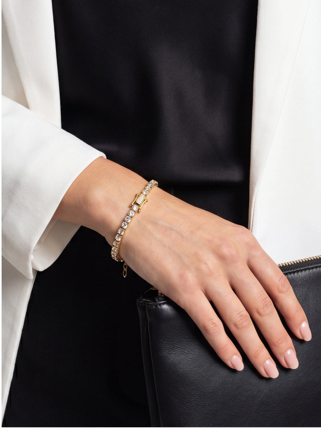 2‑Tone Vacuum Gold Plated & Polished Silver Stainless Steel Full‑Paved Round Crystal Dainty Tennis Bracelet | Factory Direct Wholesale